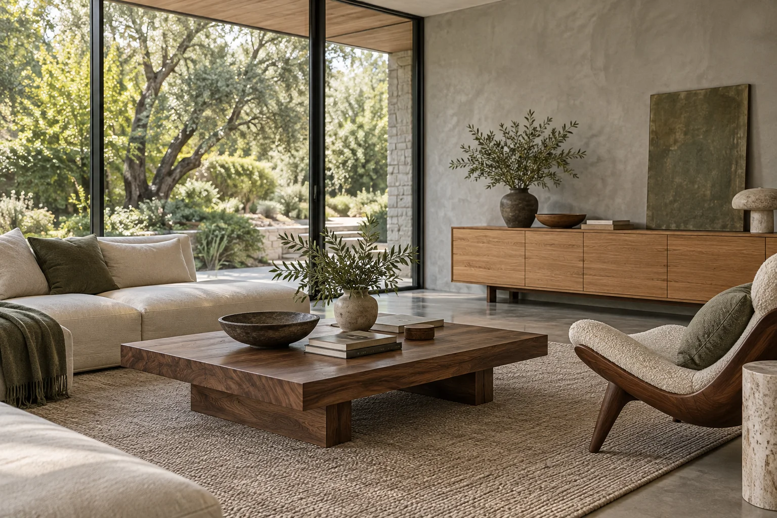 Contemporary living room with a walnut coffee table and oak sideboard