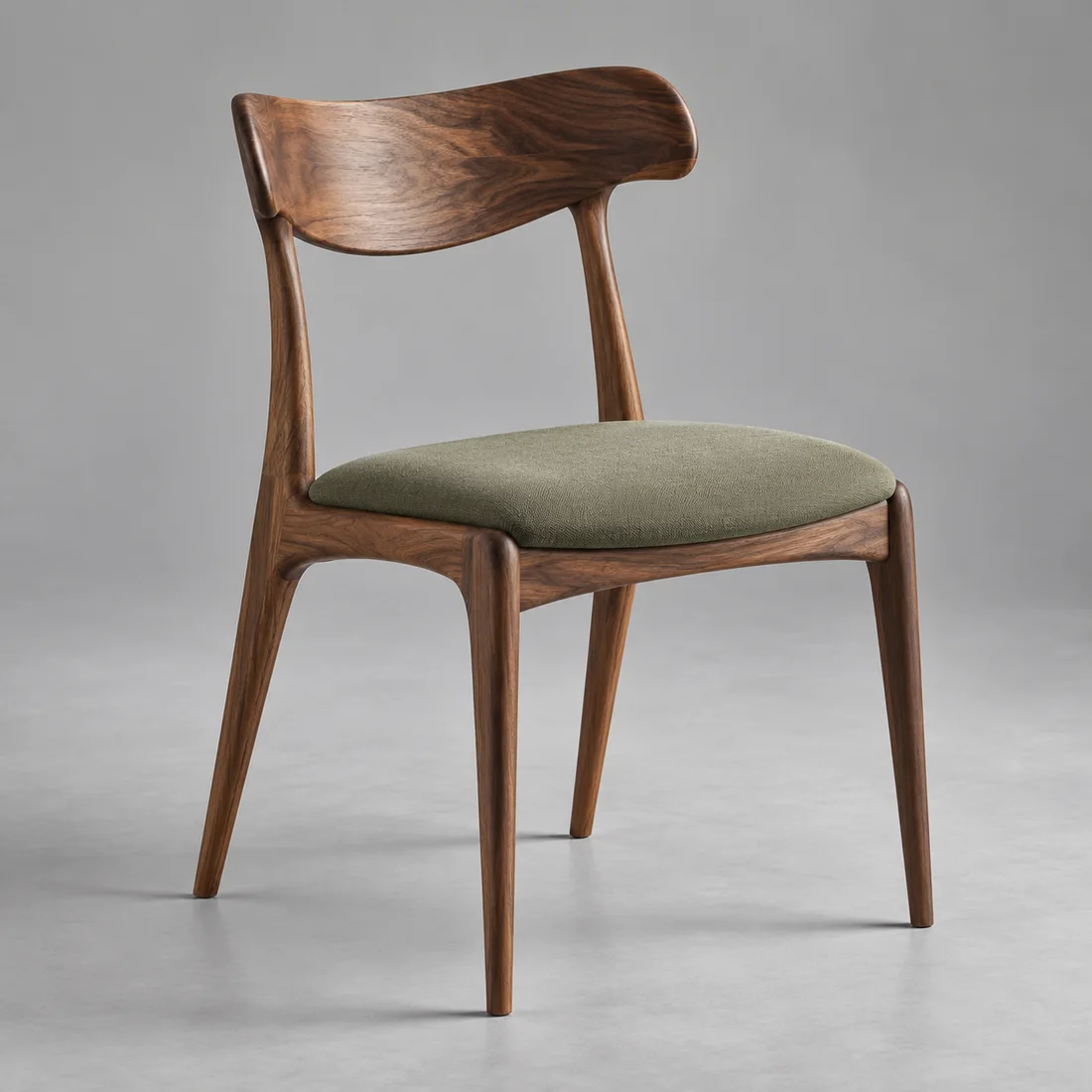 Walnut dining chair with a green seat